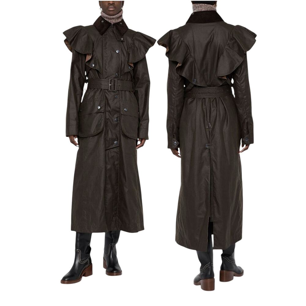 NEW Chloe X Barbour Dany Waxed Long Trench Coat Ruffles Brown Size 12